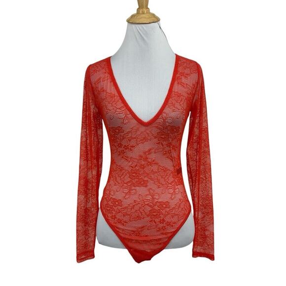 Free People Bodysuit Womens XS Extra Small Bright Red Lace V Neck Long Sleeve - Picture 1 of 16